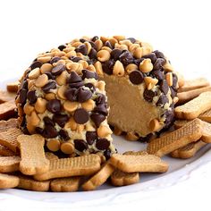 a cheese ball covered in chocolate chips on top of a plate next to crackers