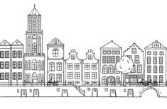 a black and white drawing of some buildings