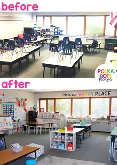 before and after photos of an empty classroom