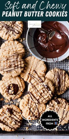 peanut butter cookies with chocolate drizzled on top and the words, soft and chewy peanut butter cookies