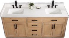 two white sinks sitting on top of a wooden cabinet