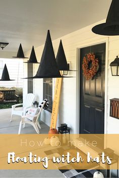 the front porch is decorated for halloween with black and white decorations