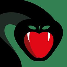 an apple with its mouth open in the shape of a snake's head, on a green background