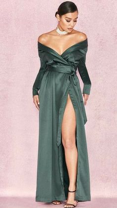 Off Shoulder Wrap Dress, Satin Top Outfit, Wrap Dress Outfit, Natalie Halcro, Max Dresses, Maxi Party Dress, One Shoulder Dress Long, Bad Dresses, Floral Dress Outfits