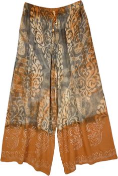 Hippie Style Wide Leg Brown Bottoms, Brown Wide Leg Hippie Bottoms, Hippie Style Brown Bottoms For Spring, Bohemian Brown Harem Pants For Spring, Bohemian Orange Bottoms For Fall, Summer Full-length Brown Harem Pants, Bohemian Brown Wide Leg Harem Pants, Bohemian Brown Wide Leg Pants For Spring, Hippie Style Brown Summer Pants