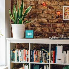 a bookshelf filled with lots of books next to a brick wall and potted plant