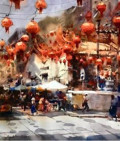 an artistic painting of people walking down the street with red lanterns hanging from wires above them