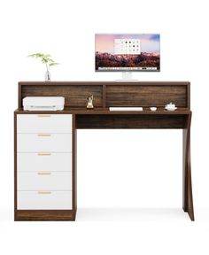 a computer desk with drawers and a monitor on top of it, in front of a white background