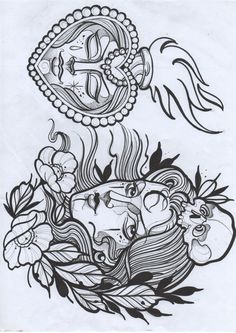 a drawing of a woman with flowers and an anchor