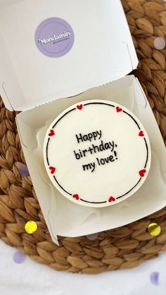 a birthday cake with the words happy birthday my love on it sitting in a box