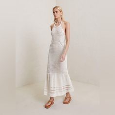 A.L.C. Antonia Crochet Halter Dress In Off White In Size Xs Approximately 58in From Shoulder To Hem 78% Cotton, 22% Polyamide Dry Clean Only Fitted Maxi Dress With Crochet Trim, White Fitted Maxi Dress With Crochet Trim, Elegant Crochet Dresses For Vacation, White Sleeveless Crochet Lace Maxi Dress, Fitted Maxi Length Crochet Dress, Fitted Chic Maxi Dress With Crochet Trim, Fitted Crochet Maxi Dress, Chic Fitted Maxi Dress With Crochet Trim, Chic Lace Dress With Crochet Details