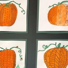 four cards with pumpkins drawn on them