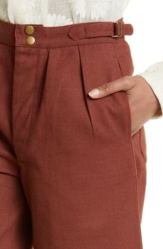 Bode Wide Leg Cotton Twill Pants | Nordstrom Cotton Twill Pants, Terracotta Clothing, Pants Trend 2024, Pant Pocket Design, Womens Twill Pants, Adjustable Waist Pants, Adjustable Pants, Cotton Pants Women, Buckle Pants