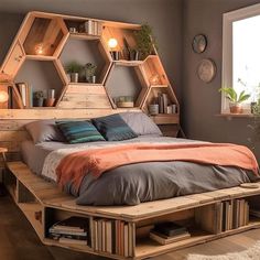 a bed made out of pallet wood with shelves above it