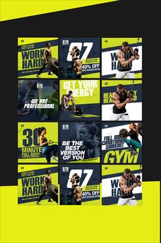 an ad for the gym with multiple images and text on it, all in black and yellow