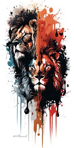 two lions face each other with paint splatters