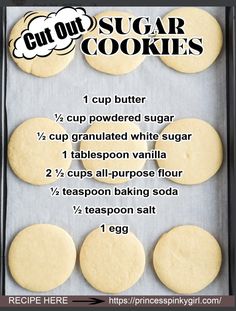 cut out sugar cookies on a baking sheet with instructions for how to bake them