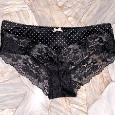 Victoria's Secret Women's Panty Embroidered Bikini Large, Black New, With Tags Gorgeous Design Dream Angels Super Soft Satin With Lace Trim Polka Dot - Ships Same/Next Day - Smoke-Free Home - Rare And Hard To Find - Makes A Great Gift For Any Special Occasion: Valentine's Day, Holidays, Christmas, Birthday, Or Just For Fun - Victoria Secret Iconic Collection - Sexy, Flirty Vs Lingerie - Gorgeous, High Quality, And Limited Edition Bundle 3 Items And Save 20% - Check Out My Closet For Lots More Vi Black String Bottoms With Lace Trim, Black Lace Brief Bottoms, Victoria's Secret Black Brief Bottoms, Victoria's Secret Lace Trim Briefs, Fish Fritters, Supermodel Fashion, Teal Green Color, Vs Lingerie, Victoria Secret Outfits