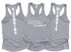 Cheer on your favorite baseball player with our custom Baseball Mom tank top in  Your choice of Color.   Personalized Next Level brand tank top with Baseball player's name and number on the back.  Please review size chart prior to placing your order.  This is women's fit cut tank top so if you prefer a looser fit, please size up a size.  TO ORDER: Choose Tank Color Choose Size (Size Up for a looser fit) Choose Design Color: White, Black or Gray Enter Player Name and Number in Personalization Sec Customizable Sporty Tops For Sports, Baseball Tanks For Moms, Team Spirit Tops With Letter Print For Team Events, Sports Tops With Letter Print For Baseball Season, Sporty Tops With Name Print For Team Events, Sleeveless Team Spirit Tops For College, Sleeveless College Tops With Team Spirit, Sleeveless Tops For College With Team Spirit, Cotton Tops With Baseball Collar For Baseball Season