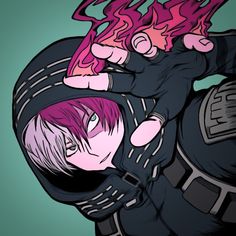 an anime character with red hair wearing a black jacket and holding his hands over his face