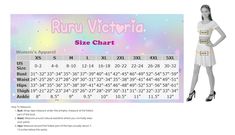 a woman in a white dress standing next to a sign that says ruri victoria size chart