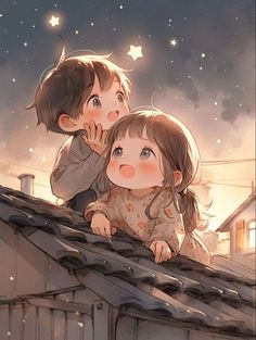 two children sitting on top of a roof looking up at the stars in the sky