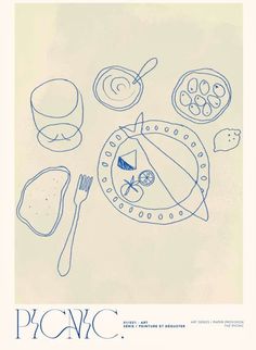 a drawing of food on a plate with utensils and spoons next to it