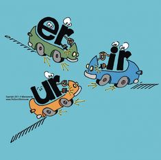 three cartoon cars driving through the air with numbers on them and one car in the middle