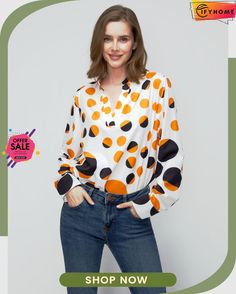 Daily Long Sleeve Urban Polka Dots Regular Fit Top Casual Polka Dot Blouse For Fall, Workout Tops, Polka Dots, Dots, V Neck, Yellow, Long Sleeve, Color