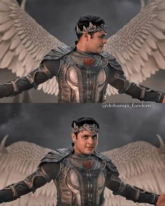 two pictures of a man in armor with wings on his chest and arms spread out