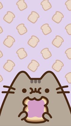 an image of a cat with bread on it's face and the background is purple