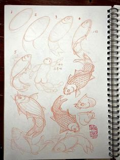 an open notebook with drawings of fish on it