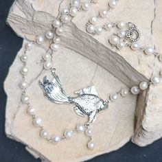 Hand Crafted Fresh Water Pearls Long Necklace Multi Strand With Fish Pendant Unique Design One Of A Kind 27" Long Handmade White Fish-shaped Jewelry, Fish Pendant, Jewelry Hand, Fresh Water Pearls, Water Pearls, Multi Strand, Long Necklace, Handcrafted Jewelry, Jewelry Crafts