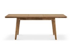 a wooden table with two legs and a square shaped top, against a white background