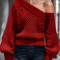 - Never Worn - Off The Shoulder Flirty Clothes, Flirty Outfits, Best Winter Outfits, Off The Shoulder Sweater, Crochet Clothing, Red Sweater, Clothes Women, Midi Skirts, Style And Grace