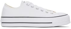 Low-top canvas sneakers in white. · Rubber cap toe · Lace-up closure · Logo patch at padded tongue · Padded collar · Eyelets at inner side · Rubberized logo patch at heel counter · Padded footbed · Mesh lining · Treaded platform rubber sole · Platform: H1.5 Supplier color: White/Black/White White Chuck Taylors, White Chucks, Chuck Taylor All Star Lift, Converse White, Canvas Sneakers, Chuck Taylor All Star, White Shop, Chuck Taylor, Sneakers White