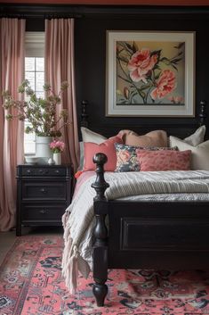 29 Stunning Pink and Black Bedroom Ideas for a Chic and Modern Look 20 Black Furniture Colorful Decor, Dusty Pink And Black Bedroom, Moody Bedroom Inspiration, Matte Black Bedroom, Dark Green And Pink Bedroom, Dark Pink Room, Bedroom Ideas Eclectic, Bedroom With Black Furniture, Pink And Black Bedroom Ideas