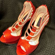 Cleopatra Red 6” Platforms. Size 9 Silver Heel. Shiny Red Platform Rhinestones Around And Across Foot Area. Item#857 Silver Heel, Red Platform, Silver Heels, Women Shoes, Heels, Silver, Red, Women Shopping, Color