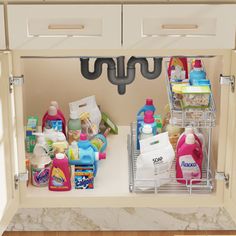 a kitchen sink filled with lots of cleaning products and detergents on the bottom shelf