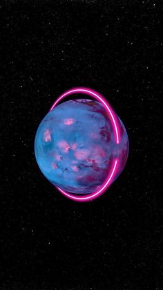 an artist's rendering of a planet with a pink neon ring around its neck