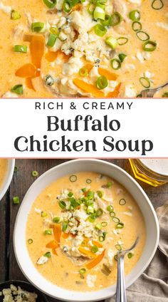 two bowls of creamy buffalo chicken soup with green onions and carrots