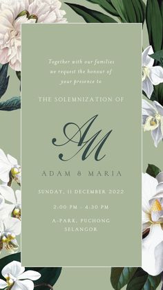 a wedding card with white flowers and green leaves