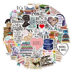 the book lover's heart shaped sticker is shown in various colors and sizes