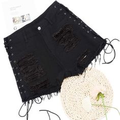 Black, Distressed Jean Shorts With Front And Back Pockets And Adjustable Lace Up Detail Down The Sides. New In Bag (Sold As A 5x But I’d Say Fits More Like A 3x) Lace Bell Sleeve Dress, Plus Size Denim, Girls Shorts, Classy Casual Outfits, Ruched Bodycon Dress, Classy Casual, Distressed Jean Shorts, Plus Size Shorts, Shorts Jeans