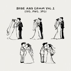 the bride and grooms are kissing in different poses, including one with a veil on his head