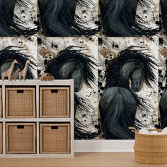 the wallpaper is decorated with black and white horses