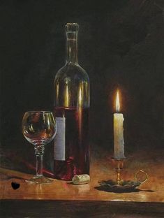 a painting of a bottle, wine glass and candle on a table