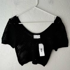 Size 10 - Large True Black Color *Stock Photo Is Of A Similar One/Fit Trendy Black Pointelle Knit Top, Black Open Knit Crop Top For Spring, Casual Black Knit Crop Top, Summer Black Crochet Knit Top, Black Knit Crochet Top For Summer, Casual Black Crochet Top With Crew Neck, Casual Black Crochet Crew Neck Top, Black Crochet Top For Summer, Black Knitted Crochet Top For Summer