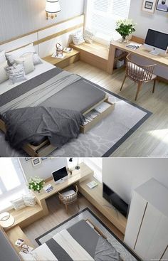 two pictures of a bedroom with a bed, desks and computer on the floor