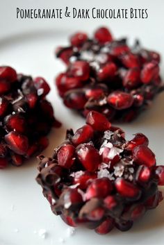 pomegranate and dark chocolate bites on a white plate with text overlay